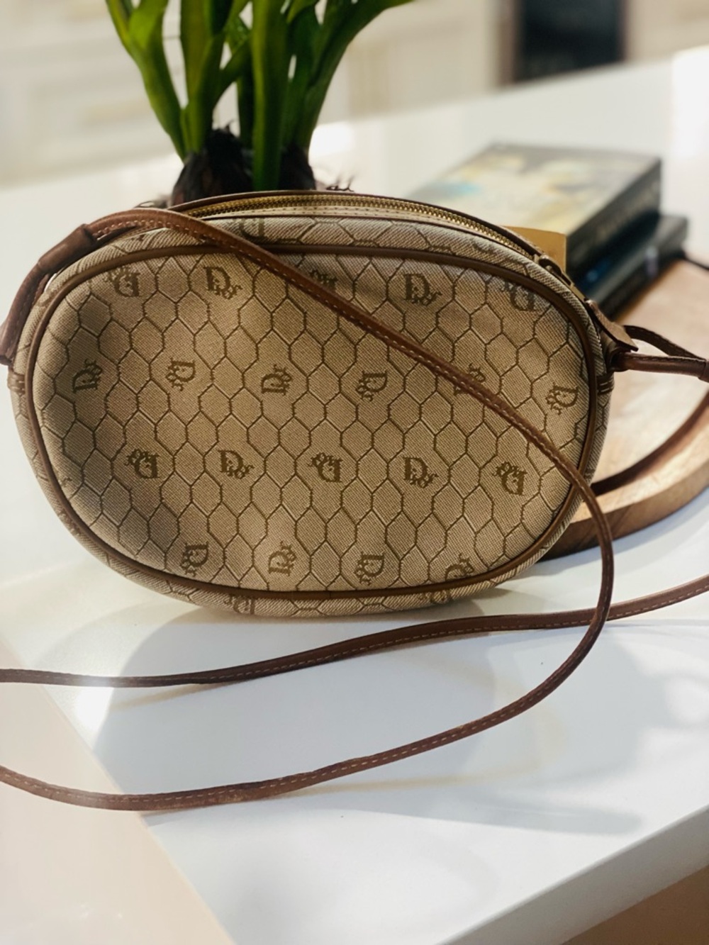 Christian Dior Vintage Beige Crossbody Bag with Monogram Pattern